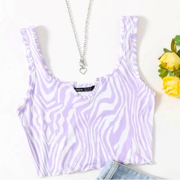 SHEIN Tops - shein ezwear notched neck lettuce trim tank purple zebra striped polyester xs